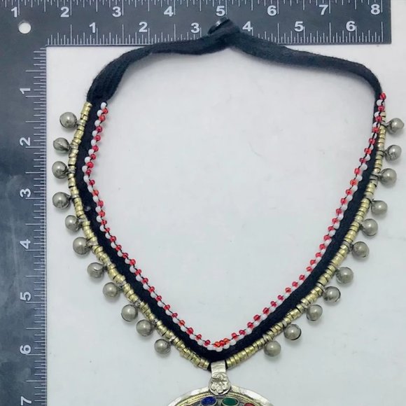 Tribal Afghani Pendant Necklace With Glass Stones and Bells - Picture 9 of 10